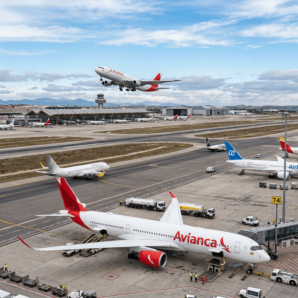 Iberia aircraft parked at an airport terminal as another plane takes off